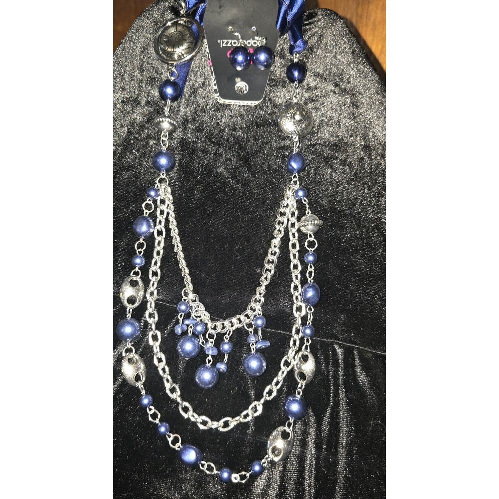Paparazzi Navy Blue Silver Tone Earrings Necklace Jewelry Set